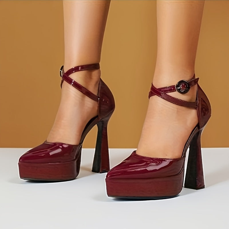 Women's Burgundy Platform High Heels - Open Toe Ankle Strap Block Heel Mary Jane for Party & Formal