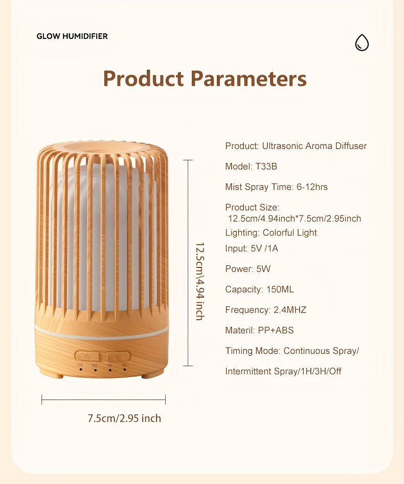 Ultrasonic 150ml (5.07 oz) Aroma Diffuser Humidifier — USB Mini Essential Oil Diffuser with 7-Color LED, Quiet Timer, Birdcage Design for Bedroom & Office