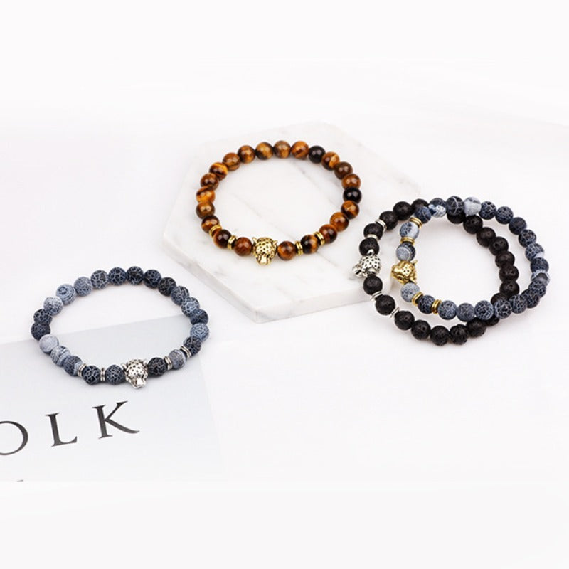 Bohemian Tiger's Eye Beaded Bracelet with Leopard Head Charm — Brown November Birthstone Bracelet, Alloy Animal Charm for Everyday & Vacation