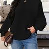 Plus Size Waffle Knit Black Sweatshirt - Lightweight Long Sleeve Round Neck Pullover for Women, Fall/Winter