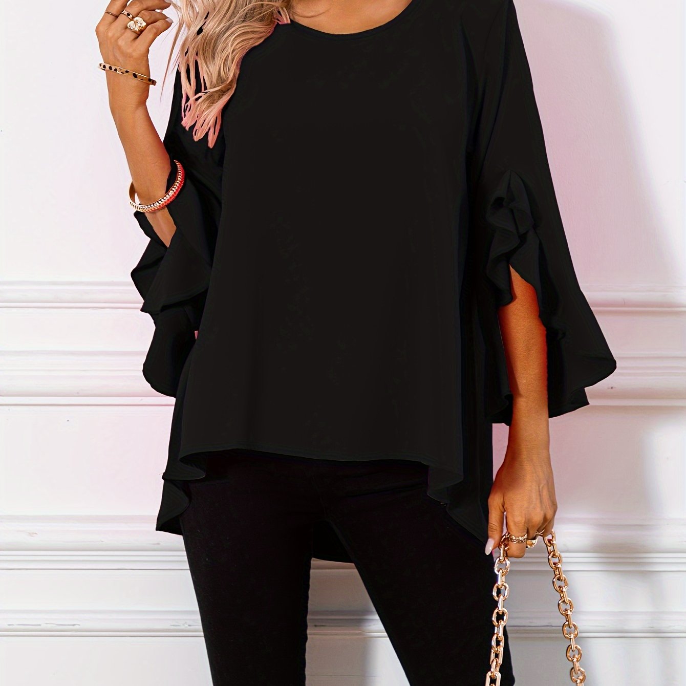 Women's Solid Crew Neck Ruffle Sleeve Blouse – Elegant Spring & Summer Woven Top