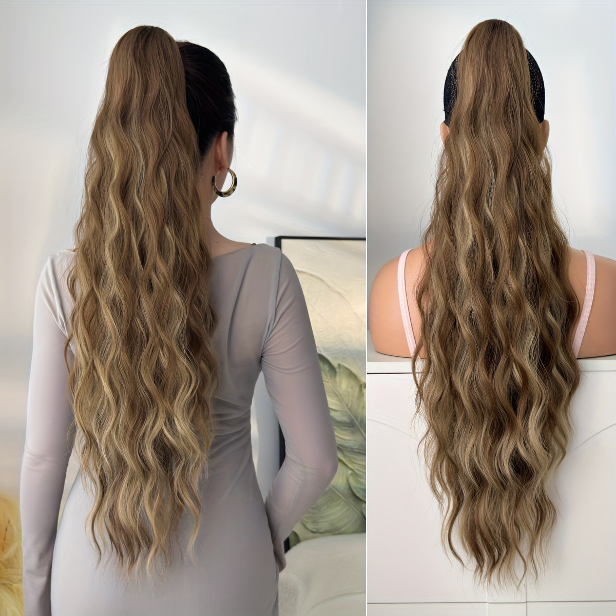 28-Inch (71 cm) Heat-Resistant Clip-In Water Wave Ponytail Extension - Synthetic Ombre Hairpiece (Blonde/Brown/Black/Red/Dark Brown) for Women & Girls