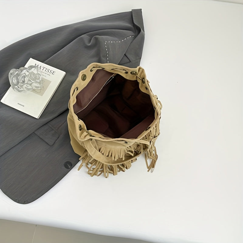 Women's Corduroy Bucket Bag with Tassel - Adjustable Foldable Crossbody Shoulder Bag, Magnetic Closure, Minimalist Urban Travel Purse (Khaki, Light Brown, Black)