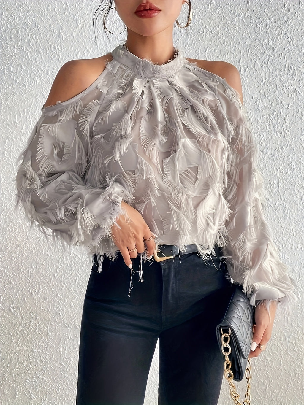 Women's Plush-Like Ruffled Long Sleeve Semi-Sheer Blouse - Round Neck Pullover Top for Casual & Formal Wear