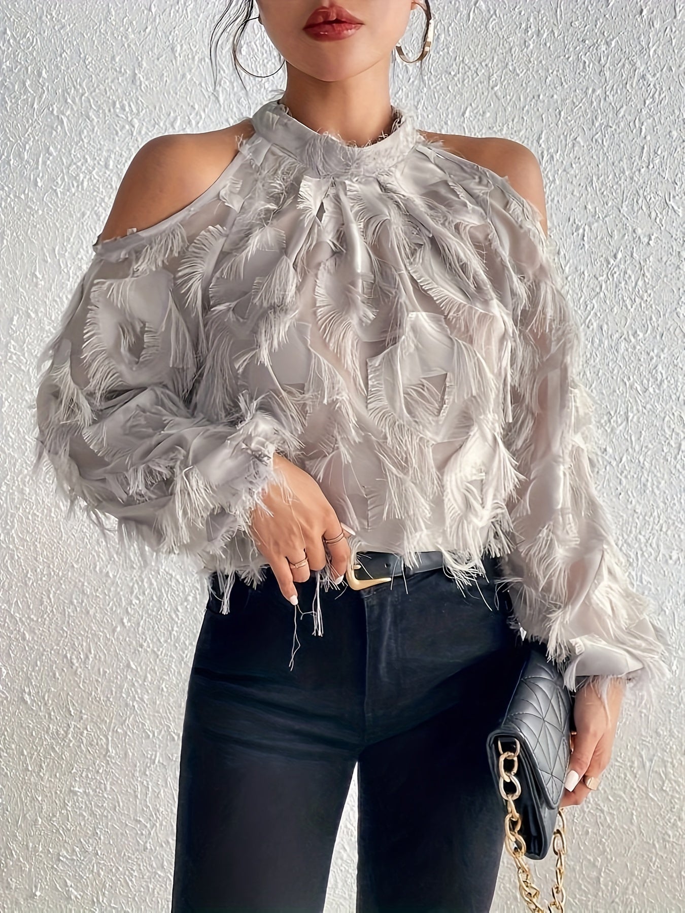 Women's Plush-Like Ruffled Long Sleeve Semi-Sheer Blouse - Round Neck Pullover Top for Casual & Formal Wear
