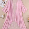 Plus Size Floral Embroidered Kimono Cardigan - Lace Trim Midi Cape, Long Sleeve Semi-Sheer