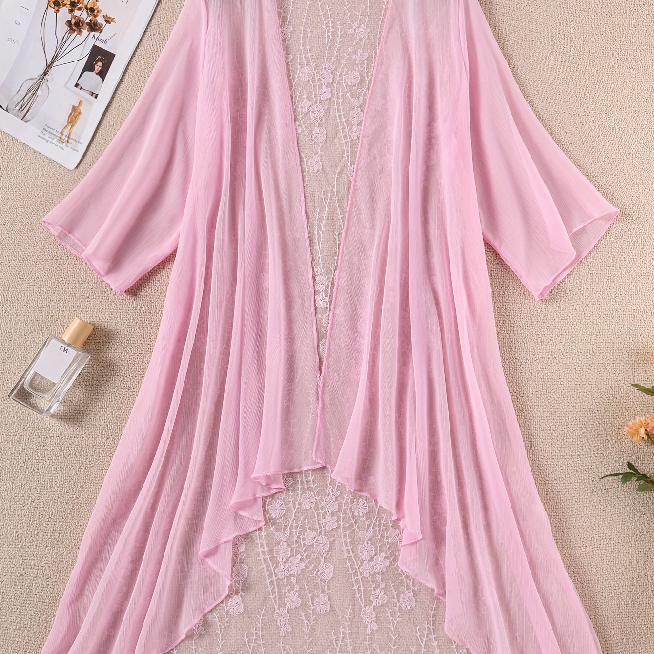 Plus Size Floral Embroidered Kimono Cardigan - Lace Trim Midi Cape, Long Sleeve Semi-Sheer