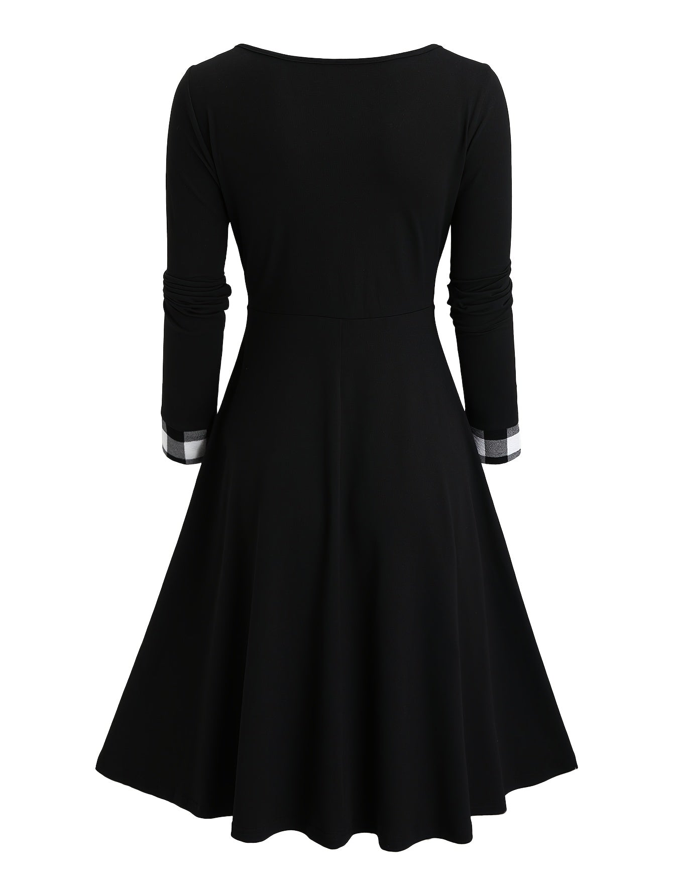 Women's Vintage V-Neck Midi Dress – Plaid Color Block Knit A-Line Pendulum, Polyester-Spandex, Regular Sleeves for Fall/Winter