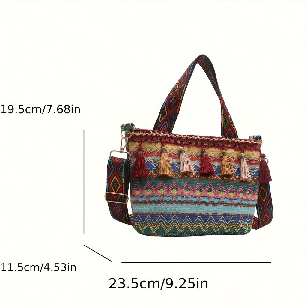 Boho Woven Fringe Bucket Bag – Geometric Embroidery, Adjustable Wide Strap, Lightweight Polyester Tote for Women