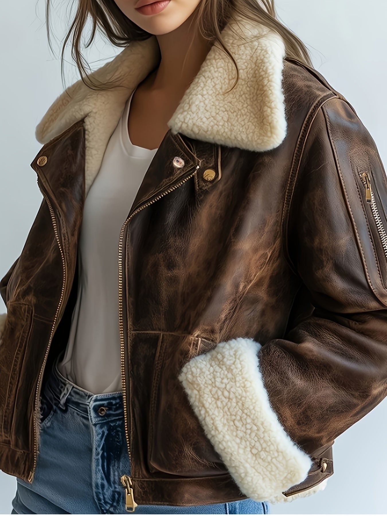 Women's Faux Leather Jacket with Fluffy Collar & Pockets — Long Straight Fit, Zipper & Button Front, All-Season Casual Chic