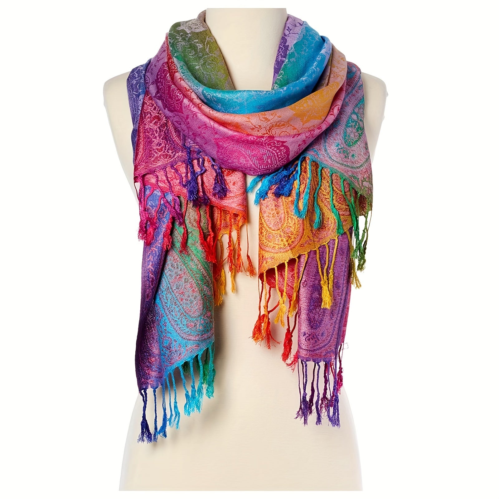 Women's Paisley Jacquard Scarf with Colorful Fringe – Elegant Travel Shawl & Inelastic Wrap
