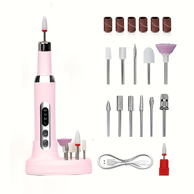 Cordless Electric Nail Drill Kit with Drill Bits & Sanding Bands, Rechargeable USB Manicure & Pedicure File for Acrylic Gel Nails (Bright Pink)