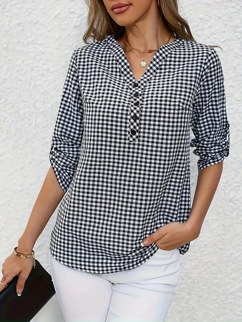 Women's Polyester V-Neck Plaid Blouse with Button Detail and Roll-Up Sleeves, Casual Spring Summer Fall Top