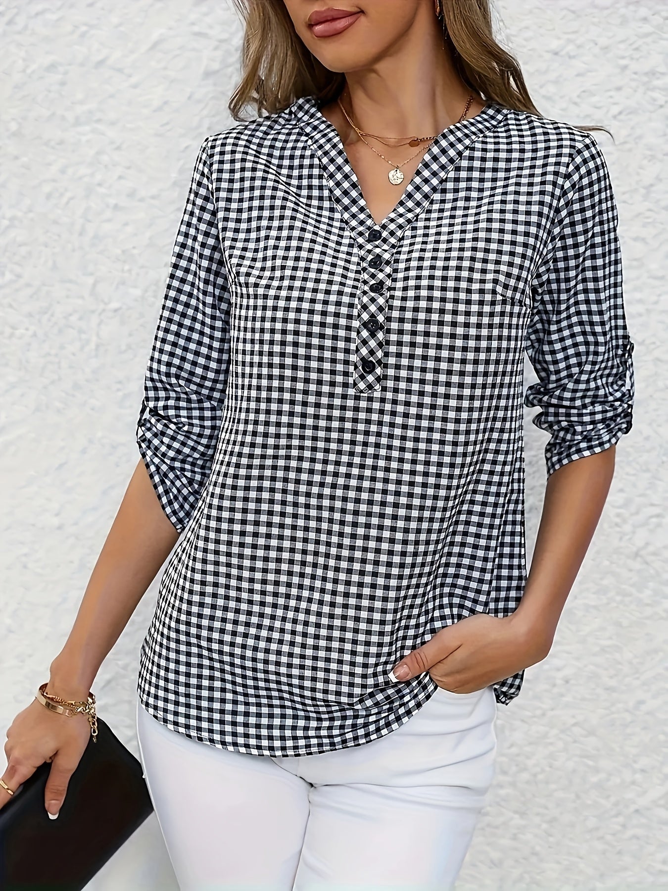 Women's Polyester V-Neck Plaid Blouse with Button Detail and Roll-Up Sleeves, Casual Spring Summer Fall Top