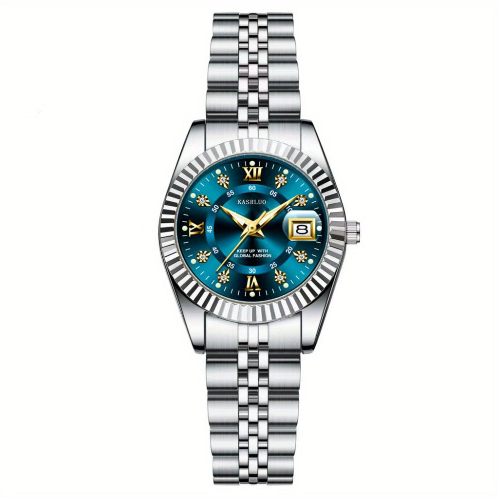Elegant Women's Mechanical Watch - Gold Stainless Steel Band, Blue Dial, Boho World-Time Wristwatch, Ideal Gift