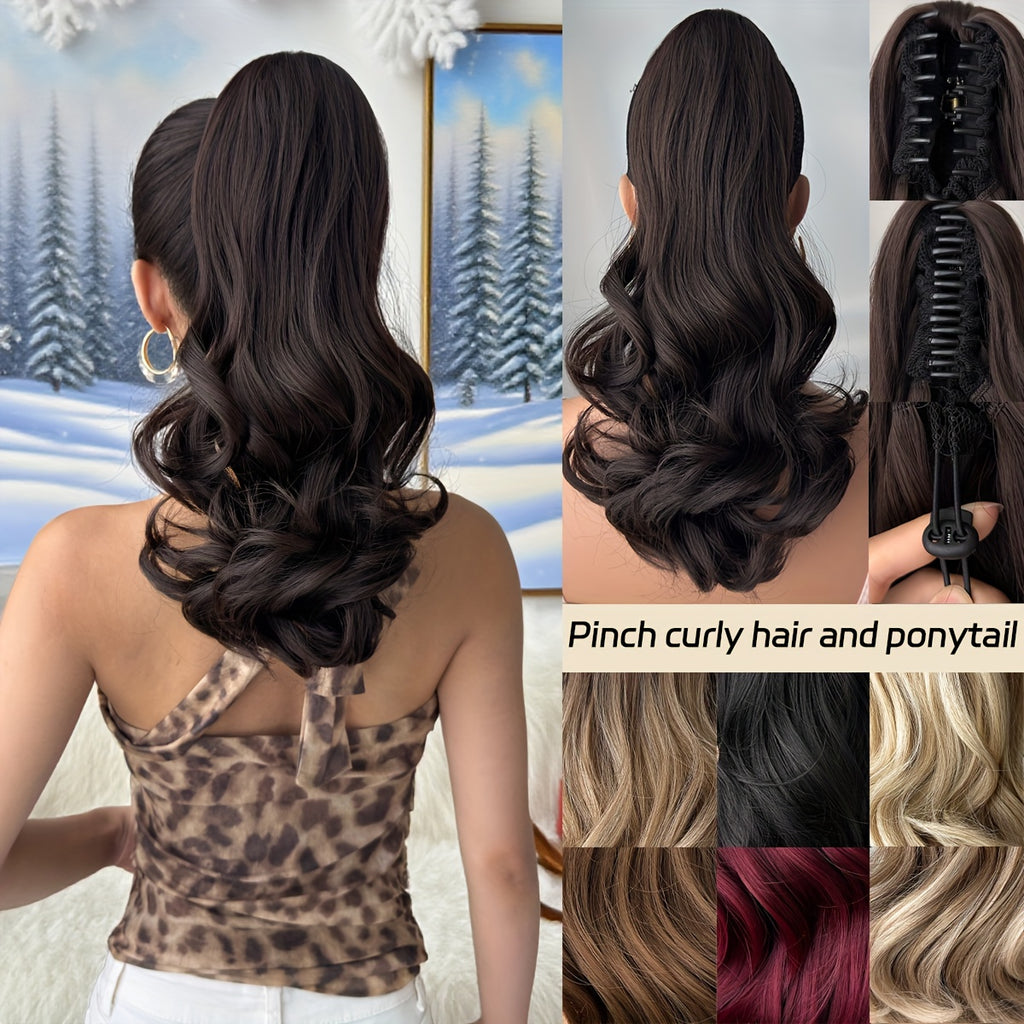 YUSULAXI 16 in (40 cm) Deep Wave Clip-In Ponytail Extension - Heat-Resistant Synthetic Hairpiece in Natural Brown, Black, Dark Brown, Red, Burgundy, Golden Ombre