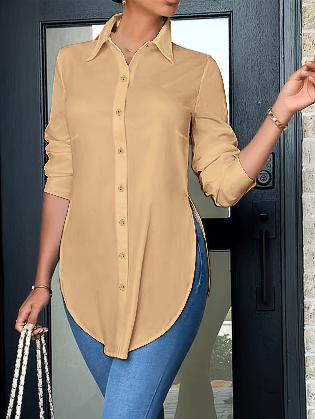 Women's Elegant Long-Sleeve Button-Front Blouse with Side Slit — Woven Polyester All-Season Office & Casual Shirt