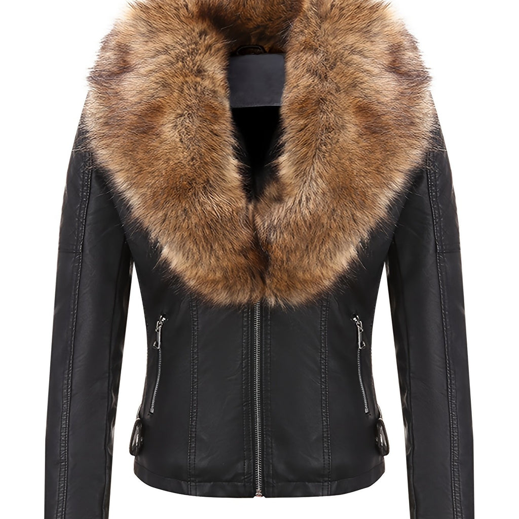 Women's Retro Faux Leather Motorcycle Jacket with Detachable Large Fur Collar - Fall/Winter