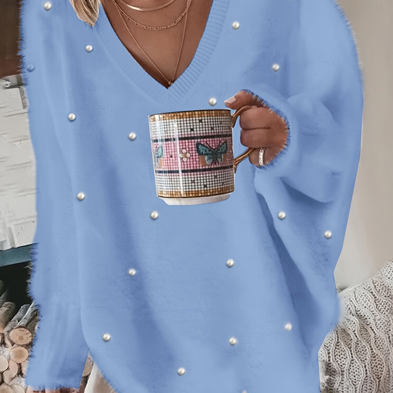 Plus Size V-Neck Sweater – Yellow Geometric Knit with Pearl Buttons & Fleece-Lined Cuffs, Asymmetrical Hem