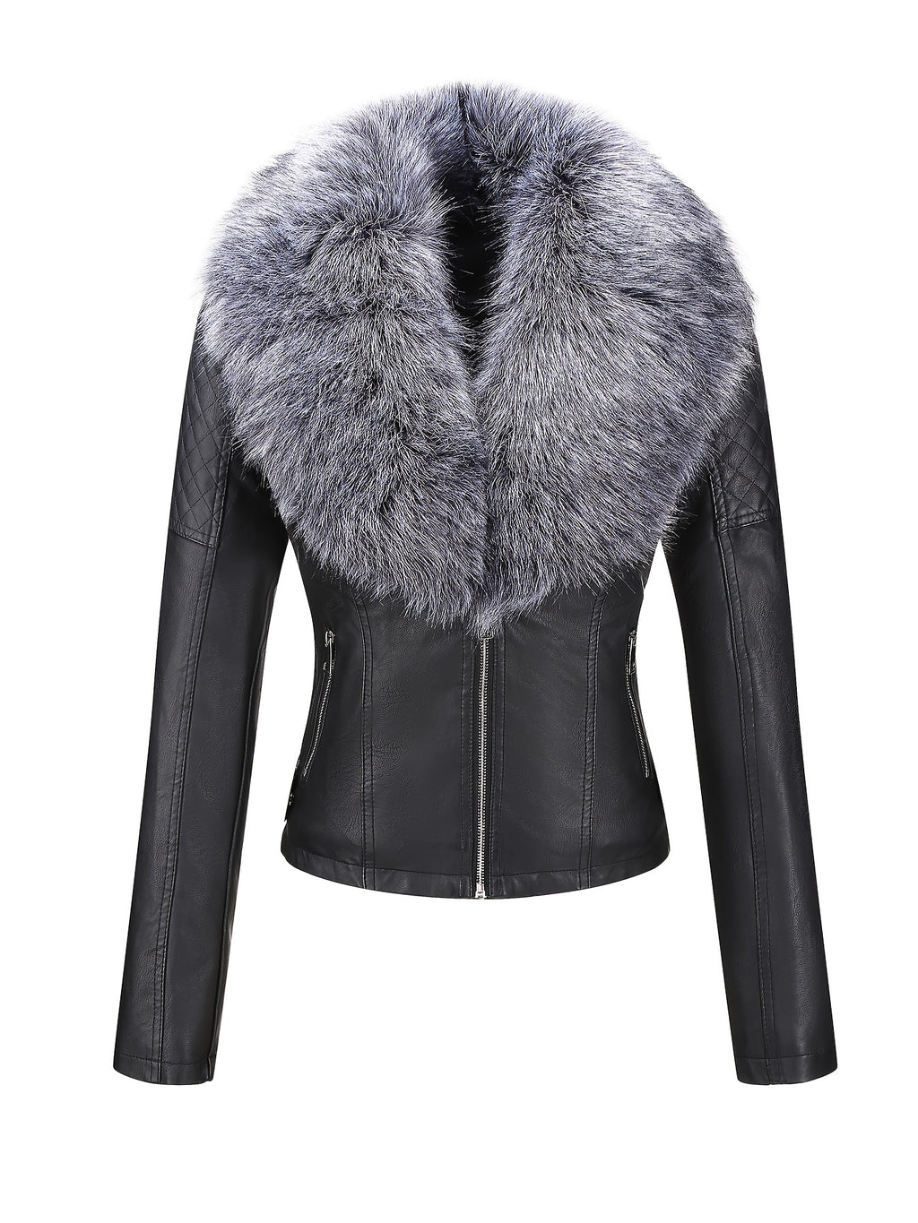 Women's Retro Faux Leather Motorcycle Jacket with Detachable Large Fur Collar - Fall/Winter