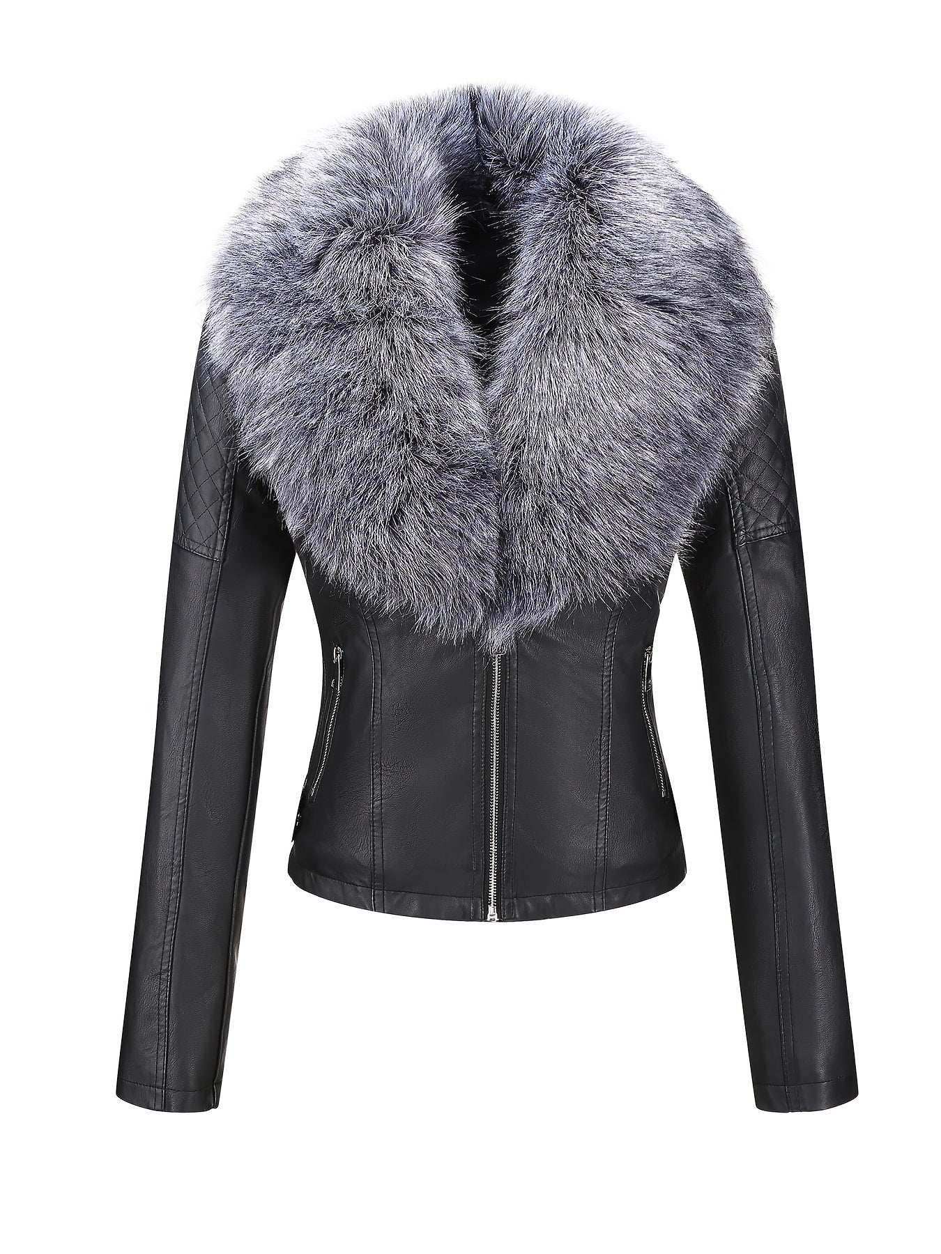 Women's Retro Faux Leather Motorcycle Jacket with Detachable Large Fur Collar - Fall/Winter