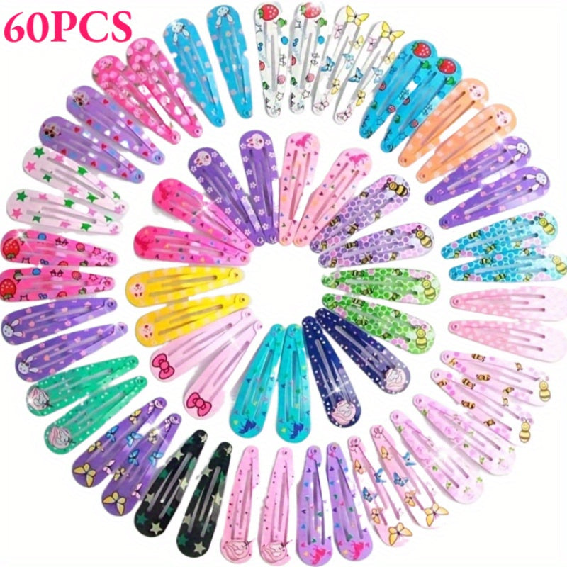 Set of 20/40/60 Colorful Alloy BB Hair Clips – Cute Printed Strawberries, Flowers, Hearts & Unicorns for Bangs and Side Hairstyles