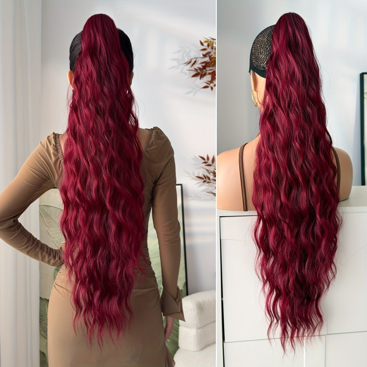 28-Inch (70 cm) Claw Ponytail Extension – Ombre Water Wave Heat-Resistant Synthetic Hair, Black to Dark Brown