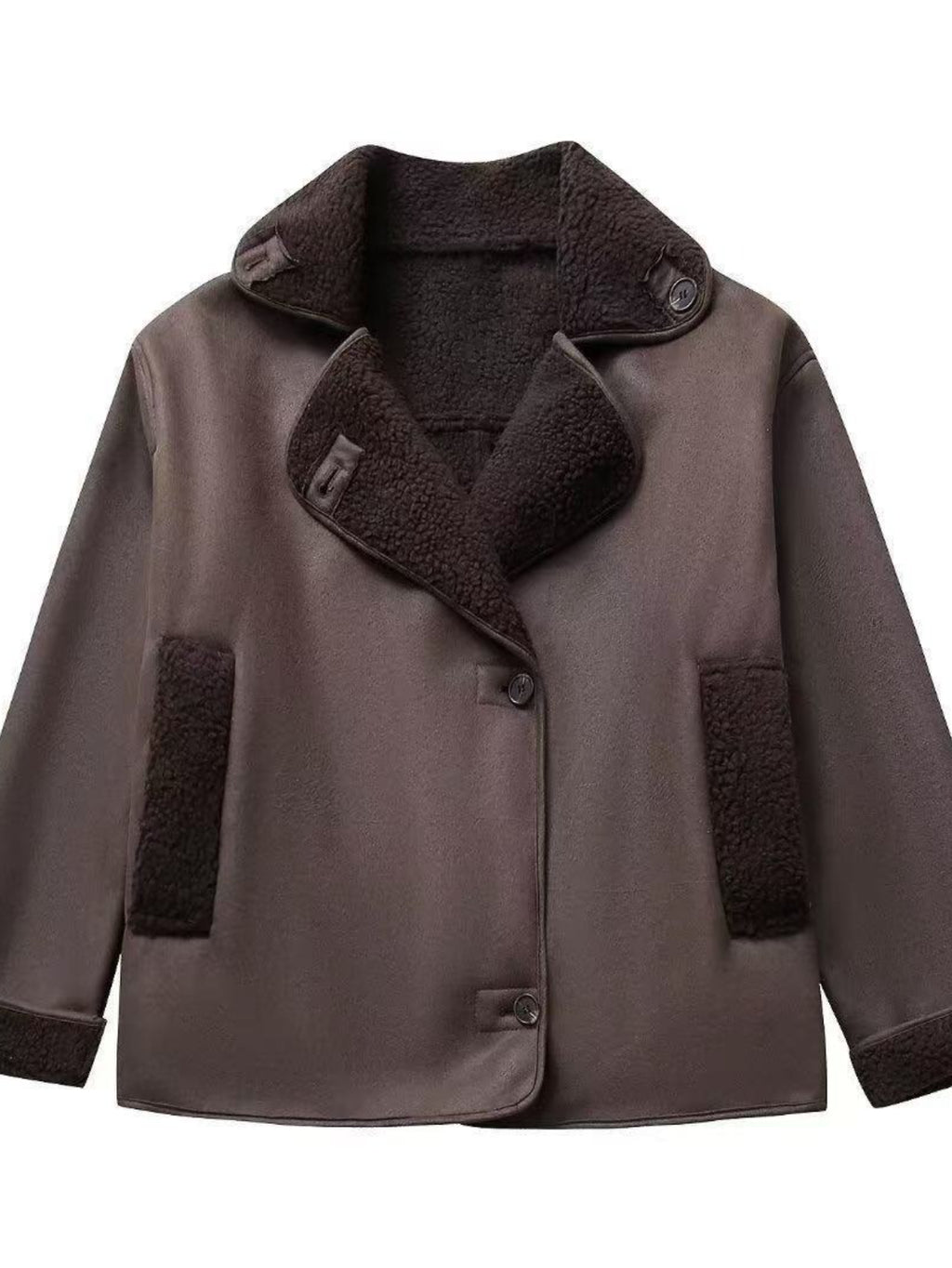 ARTPAGE Women's Suede-Like Faux Leather Jacket with Fur Lining — Short H-Line Black Winter Coat, Button Front Collar