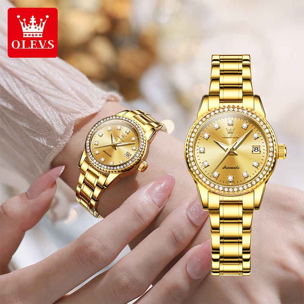 OLEVS Women's Automatic Mechanical Watch – Stainless Steel Bracelet, Luminous Dial & Date Window, Polished Formal Timepiece
