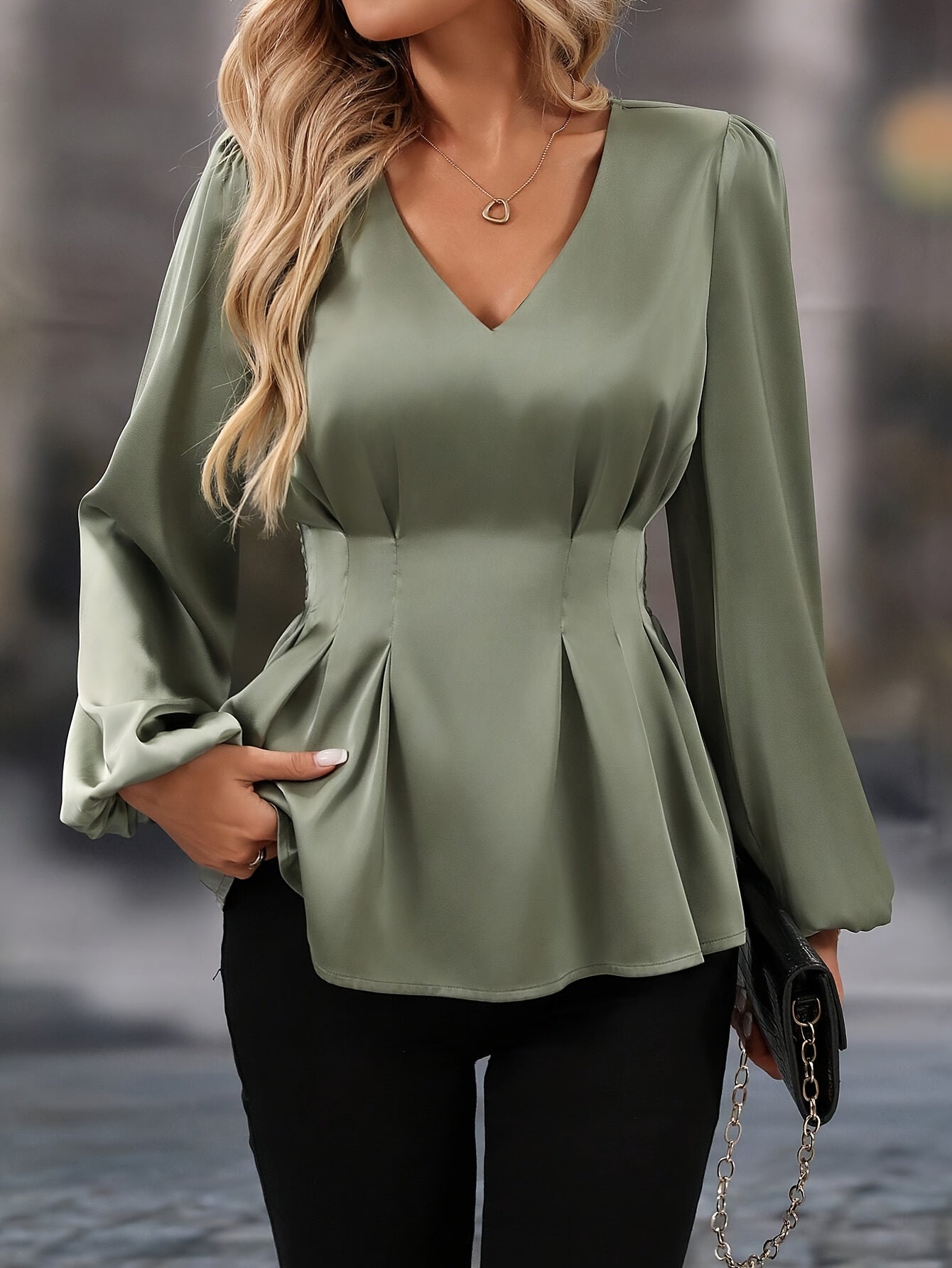 Women's Elegant V-Neck Long Sleeve Blouse – All-Season Office & Formal Shirt