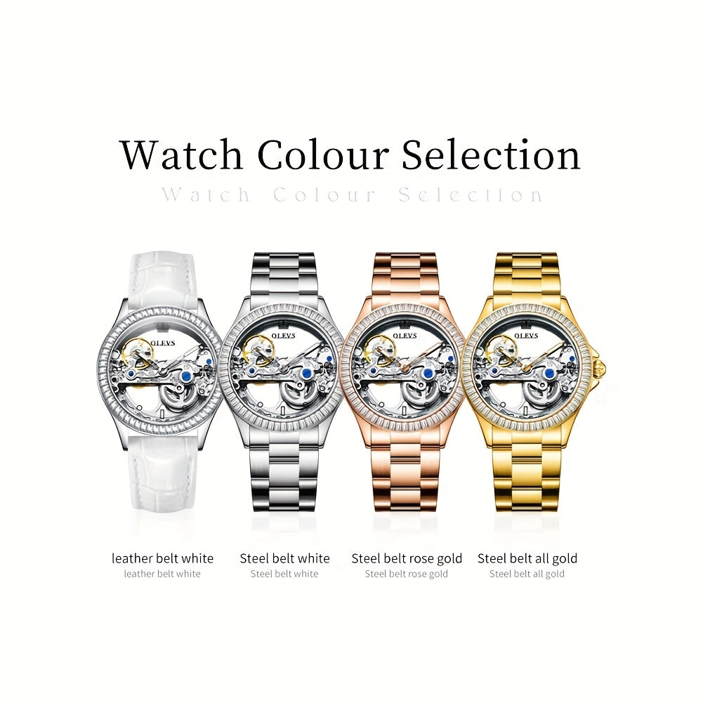 OLEVS Women's Luxury Automatic Skeleton Mechanical Watch – Stainless Steel Case, Faux Leather Strap, Luminescent Hands