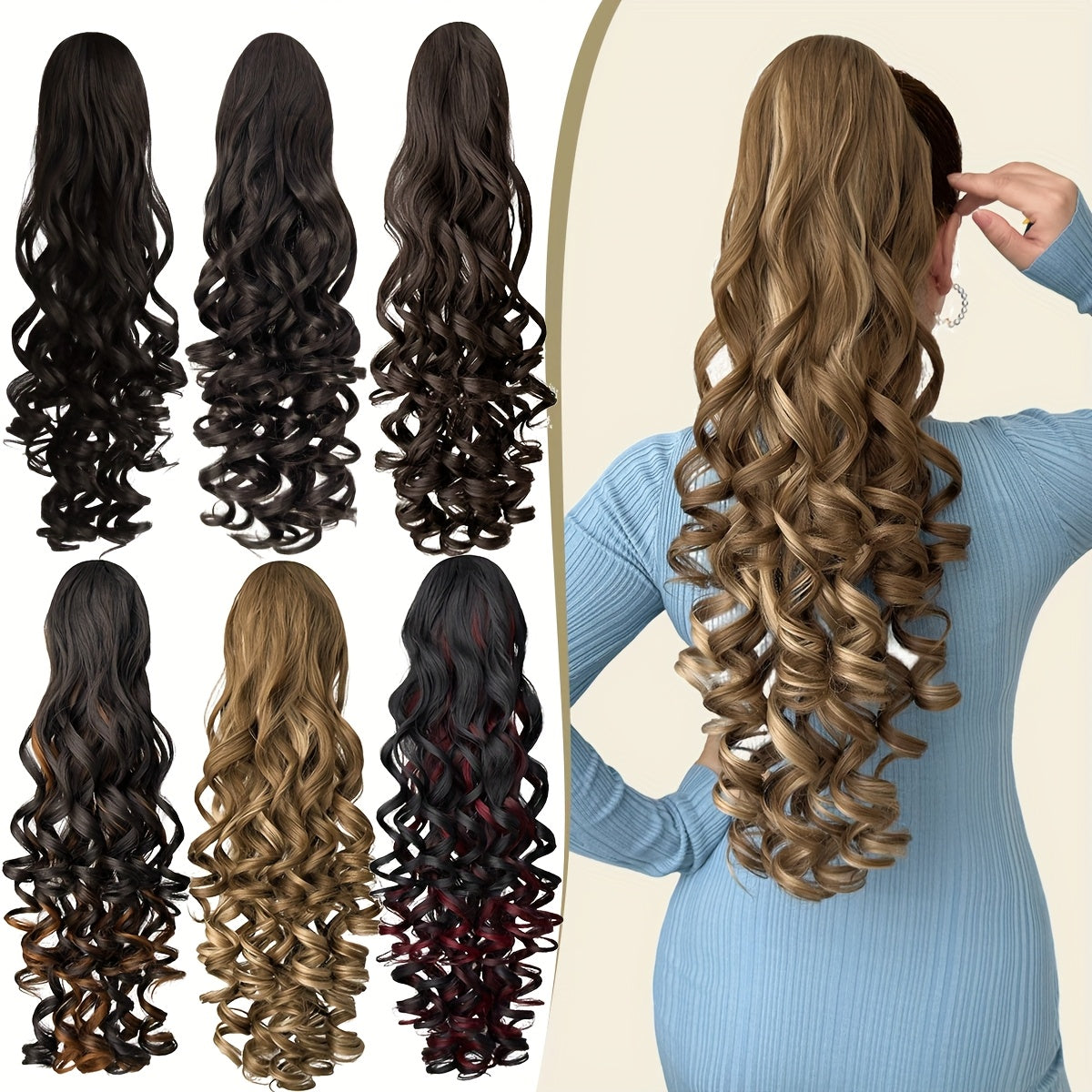 28-inch (71 cm) Deep Wave Drawstring Clip-On Ponytail Hair Extension, Heat-Resistant Synthetic, Multi-Color