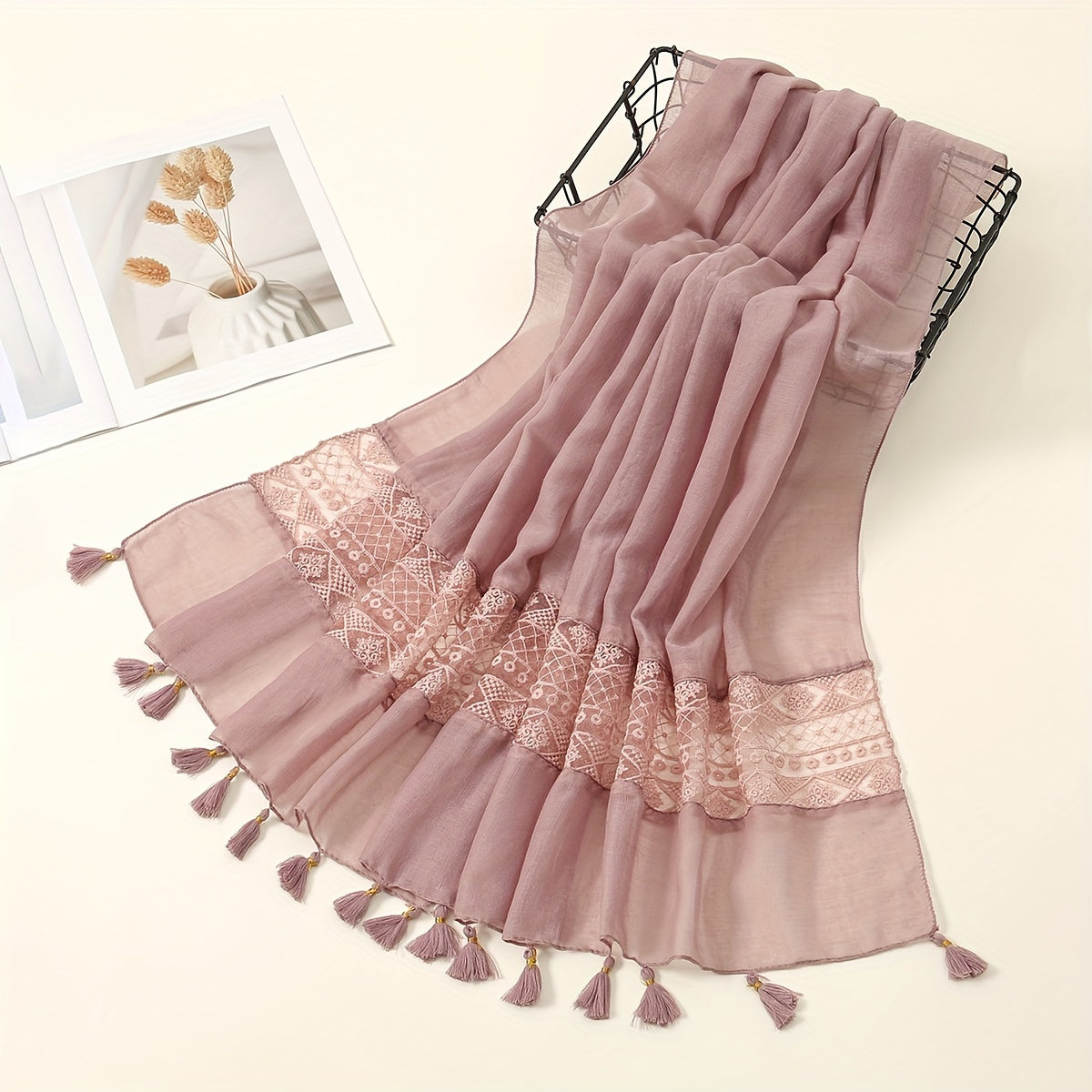 Embroidered Hollow Lace Tassel Scarf for Women — Elegant Lightweight Windproof Wrap for Cold Weather & Eid