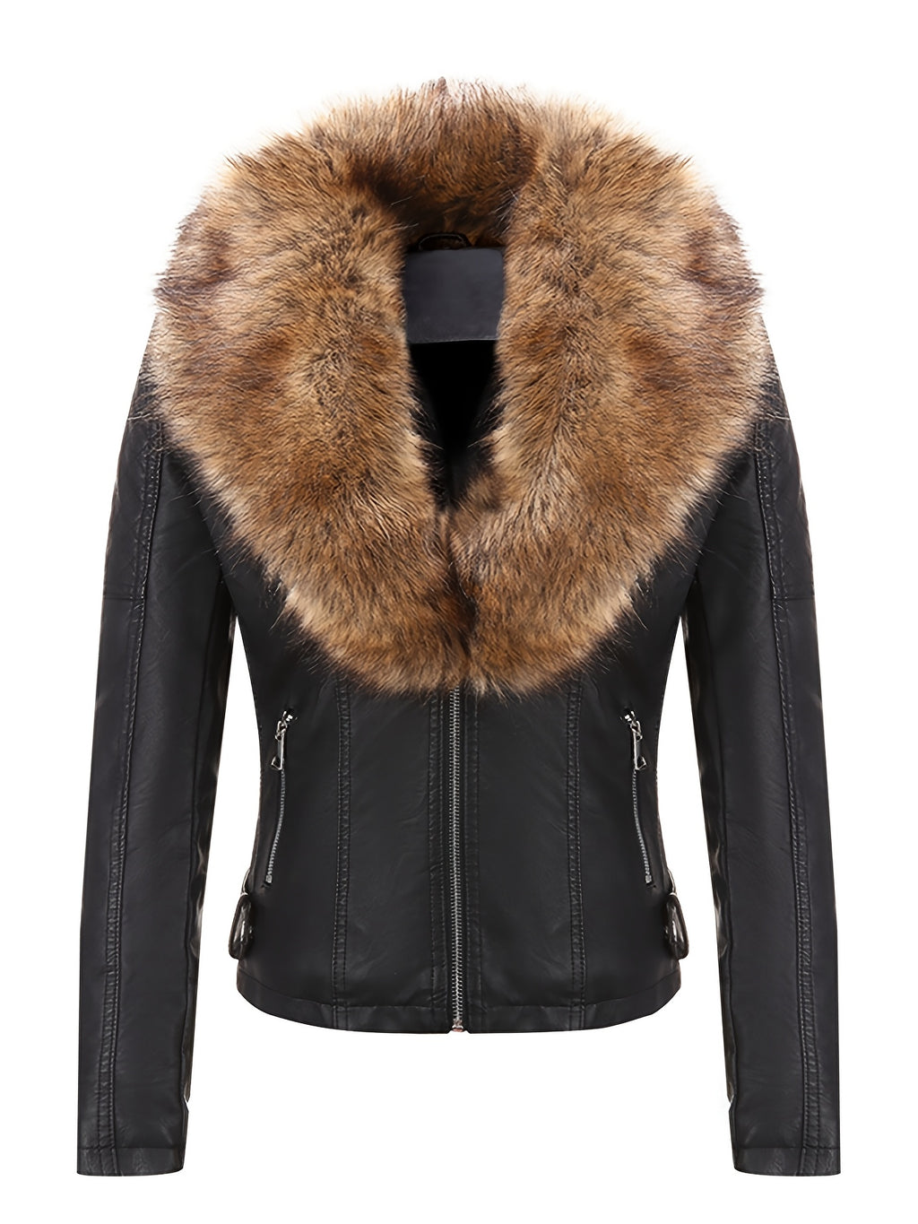 Women's Retro Faux Leather Motorcycle Jacket with Detachable Large Fur Collar - Fall/Winter