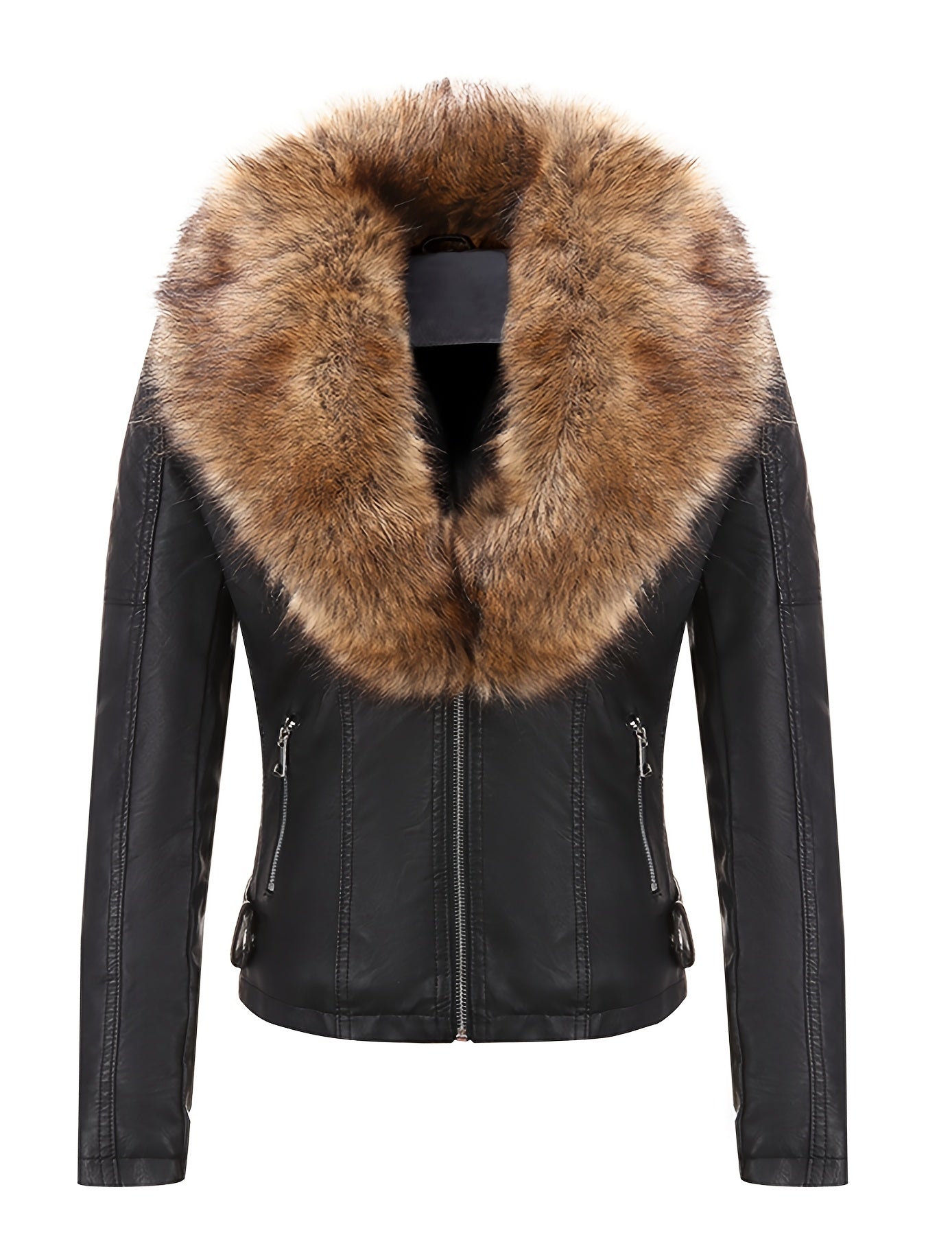 Women's Retro Faux Leather Motorcycle Jacket with Detachable Large Fur Collar - Fall/Winter