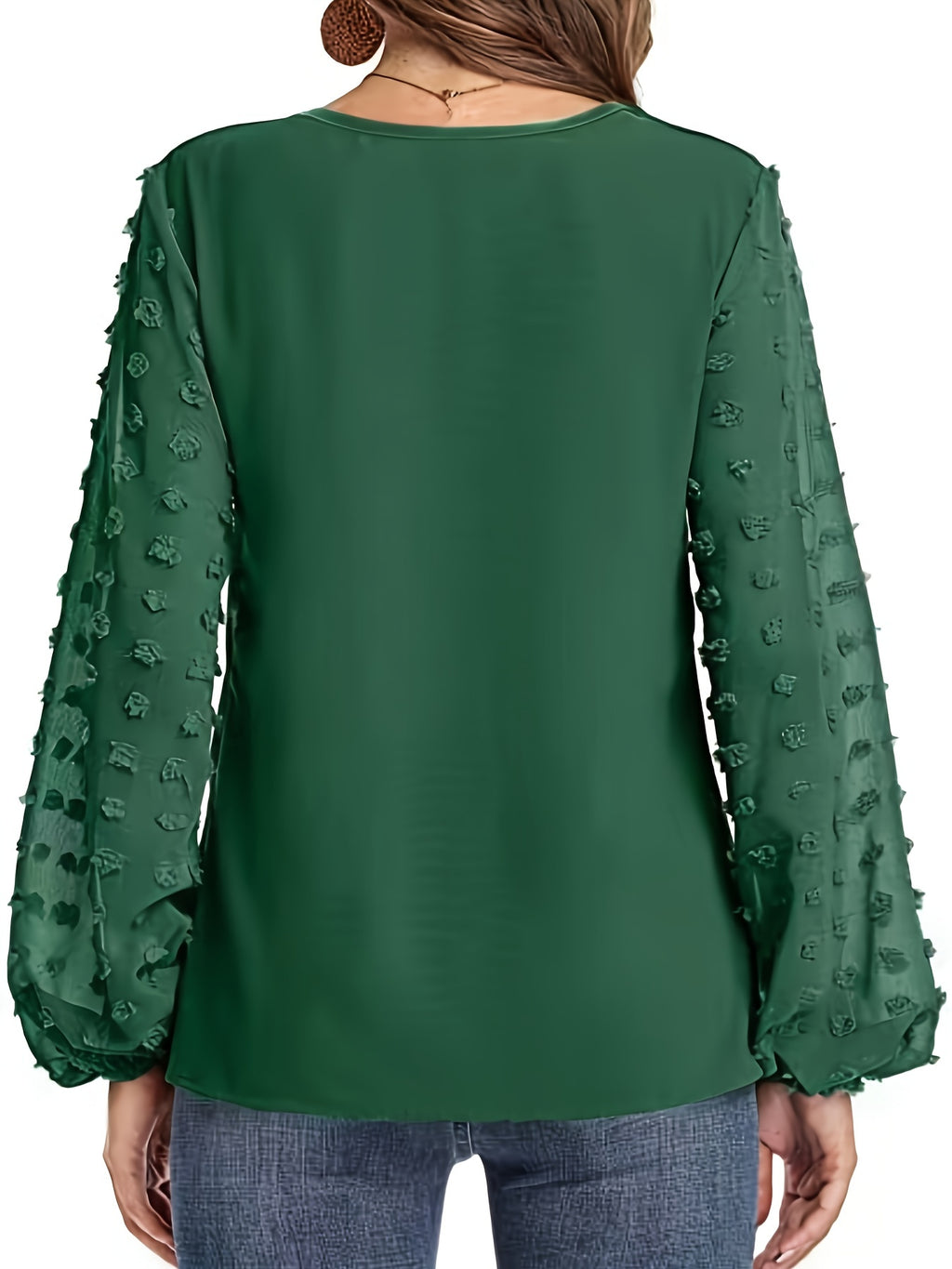 Women's Swiss Dot V-Neck Long Sleeve Top - Lightweight Solid Blouse for Spring & Fall