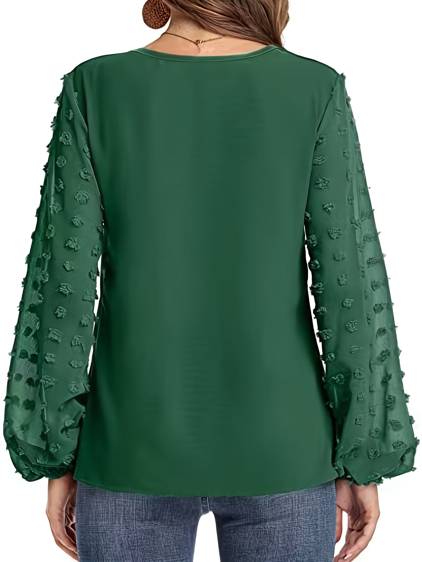 Women's Swiss Dot V-Neck Long Sleeve Top - Lightweight Solid Blouse for Spring & Fall