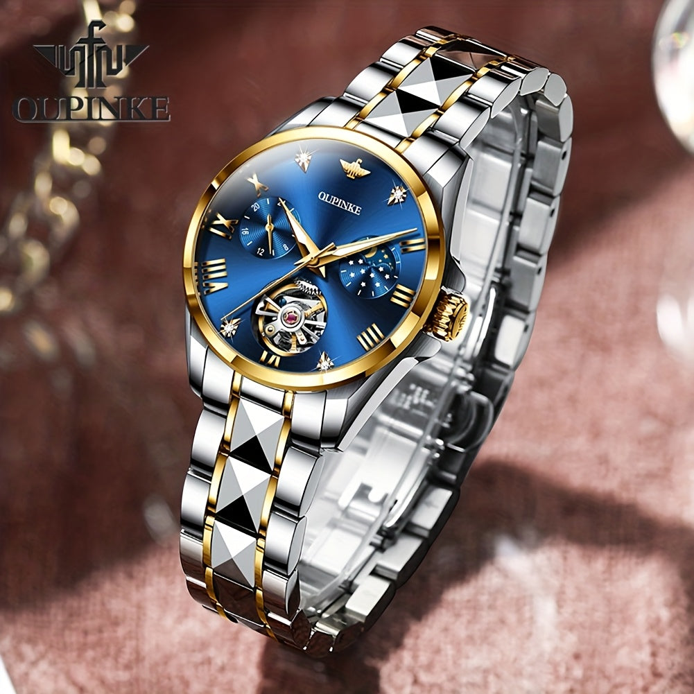 OUPINKE Women's Automatic Mechanical Dress Watch – Luminous Hands, Blue Dial with Gold Markers, Stainless Steel Case & Bracelet