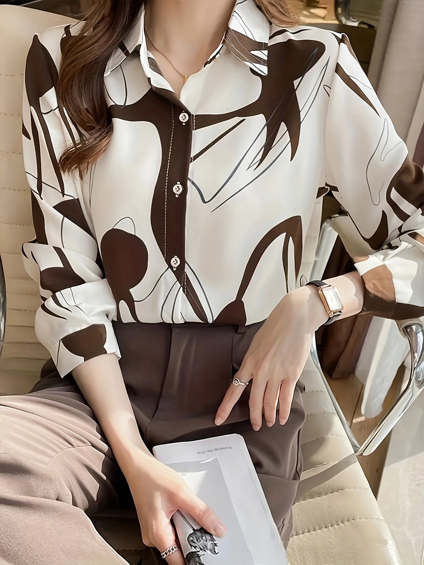 Women's Abstract Geometric Print Long Sleeve Shirt - Elegant Brown White Beige Woven Top, Machine Washable