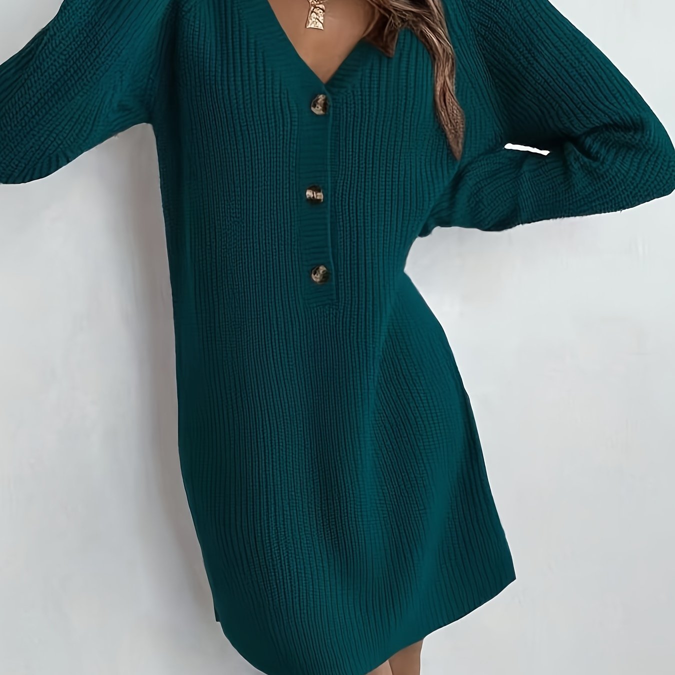 Plus Size V-Neck Long Sleeve Sweater Dress with Single Button Closure, Soft Pink Loose-Fit Casual Chic