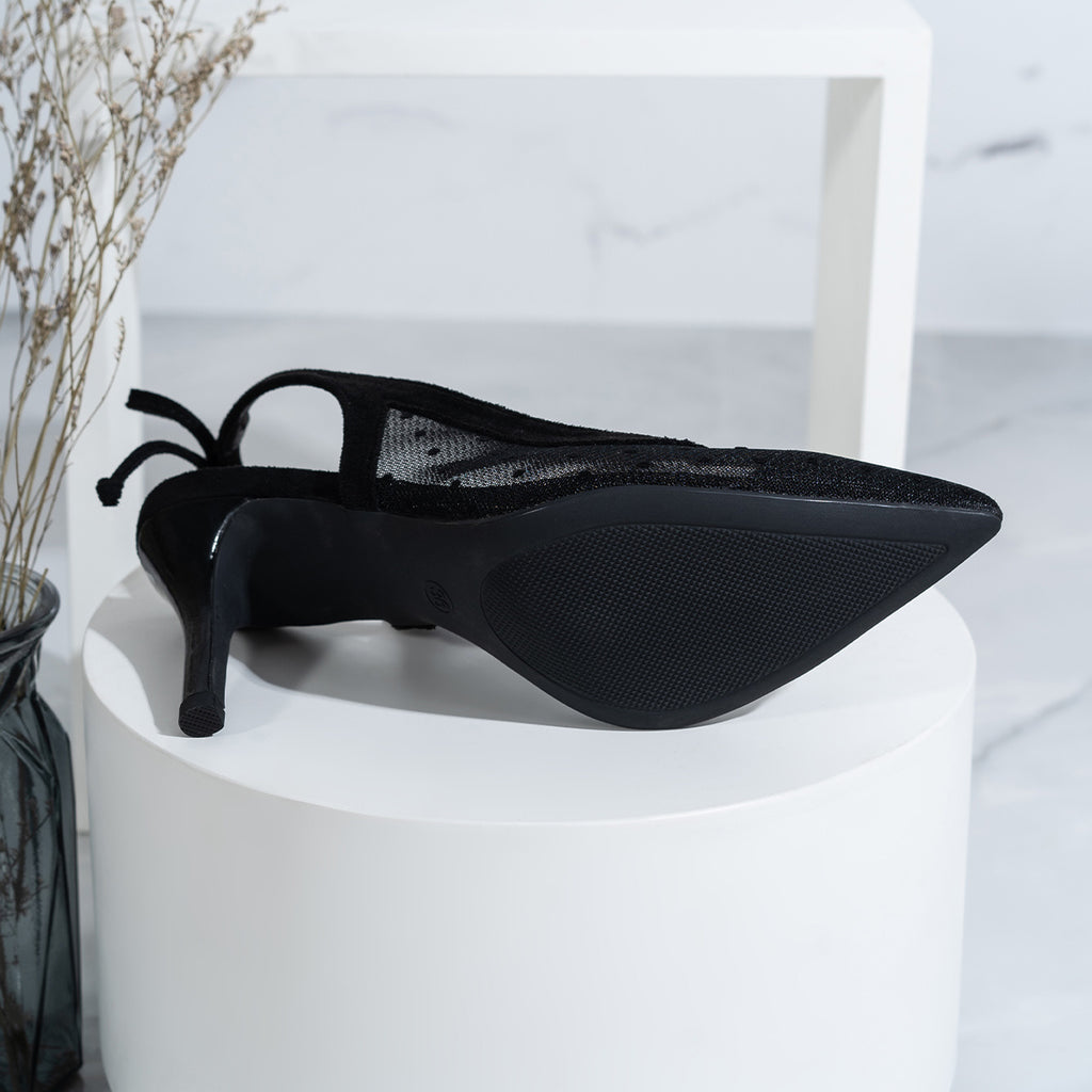 Women's Mesh Pointed Toe Slingback Stiletto Heels with Ankle Bow and Elastic Strap - Breathable Comfortable Dress Shoes