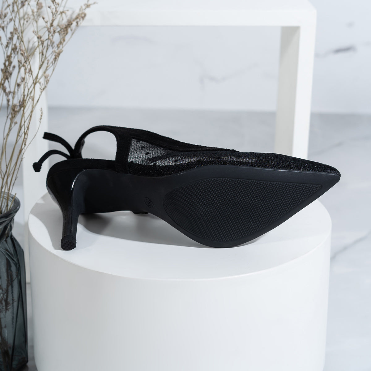 Women's Mesh Pointed Toe Slingback Stiletto Heels with Ankle Bow and Elastic Strap - Breathable Comfortable Dress Shoes