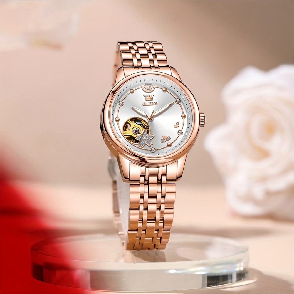 OLEVS Women's Automatic Mechanical Watch – Rose Gold Stainless Steel, Luminous Hands, Chronograph & 24-Hour Display – Luxury Dress Watch, No Battery