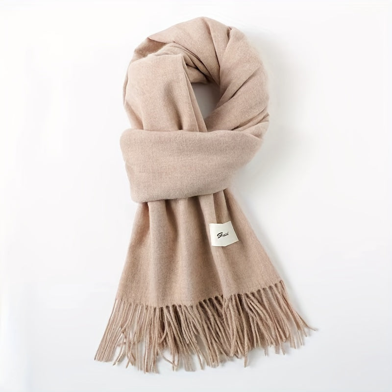 Solid Color Tassel Scarf with Fringe - Lightweight Polyester Shawl for Women