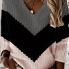 Plus Size V-Neck Color-Block Striped Pullover Sweater - Orange & Black Knit, Machine Washable, All-Season Casual