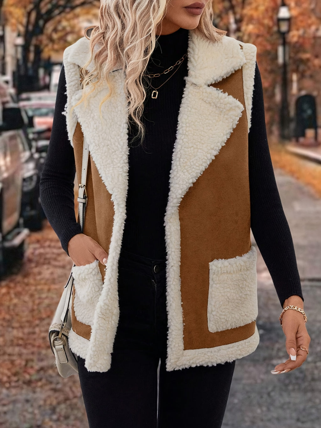 Women’s Faux Leather Mixed-Media Lapel Vest with Faux Fur Lining and Zip Pockets — Sleeveless Warm Fall Winter Vest