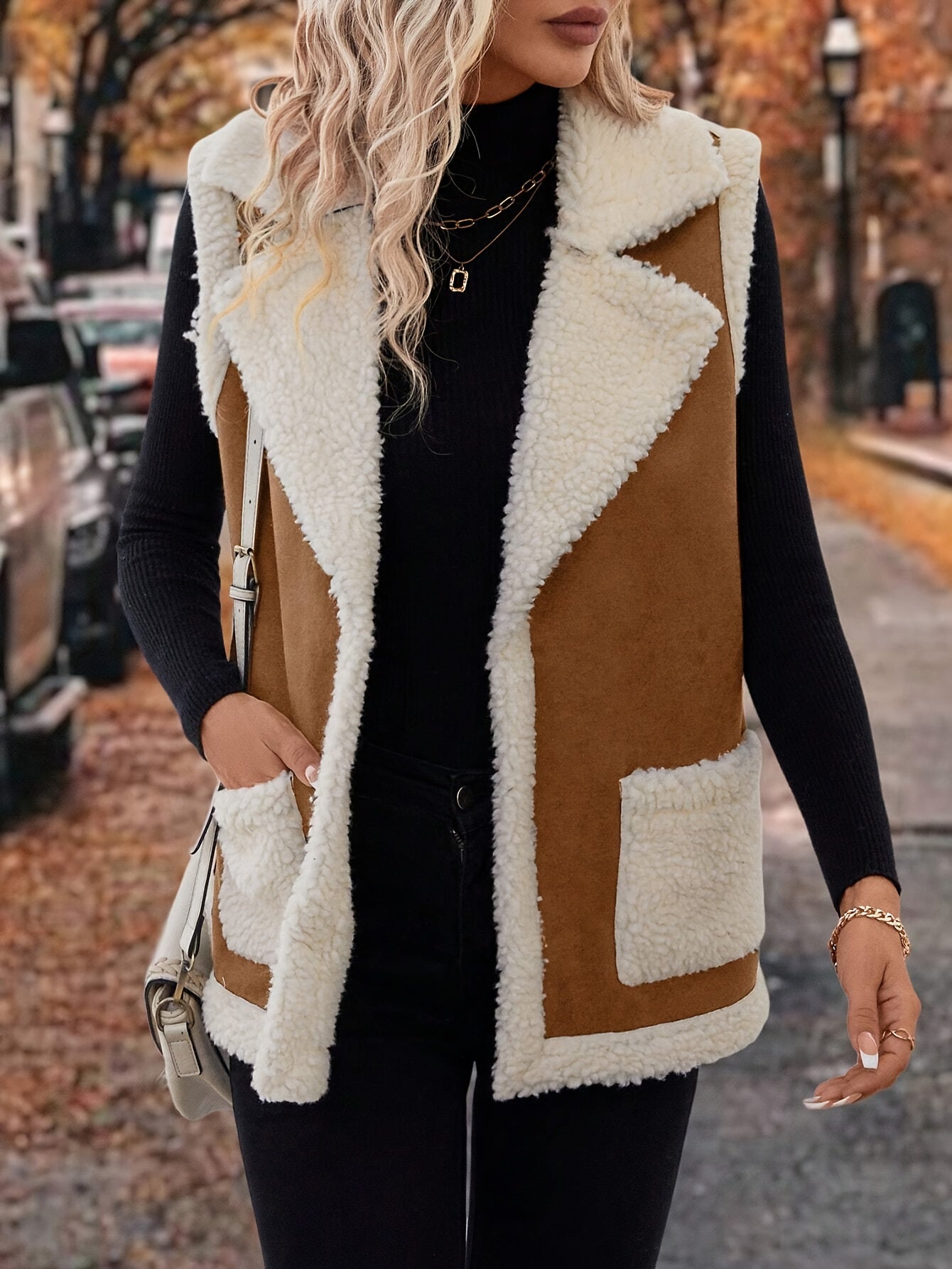 Women’s Faux Leather Mixed-Media Lapel Vest with Faux Fur Lining and Zip Pockets — Sleeveless Warm Fall Winter Vest