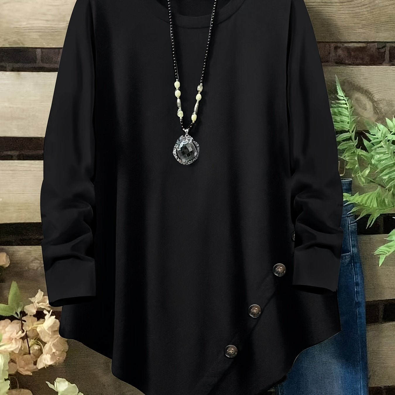 Plus Size Women's Loose Fit Long Sleeve Top with Button Detail, Round Neck & Asymmetrical Hem