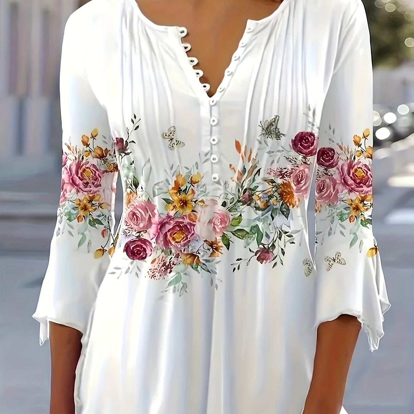 Women's Floral Notched Neck Button-Front Blouse - Vintage Casual Spring Summer Top