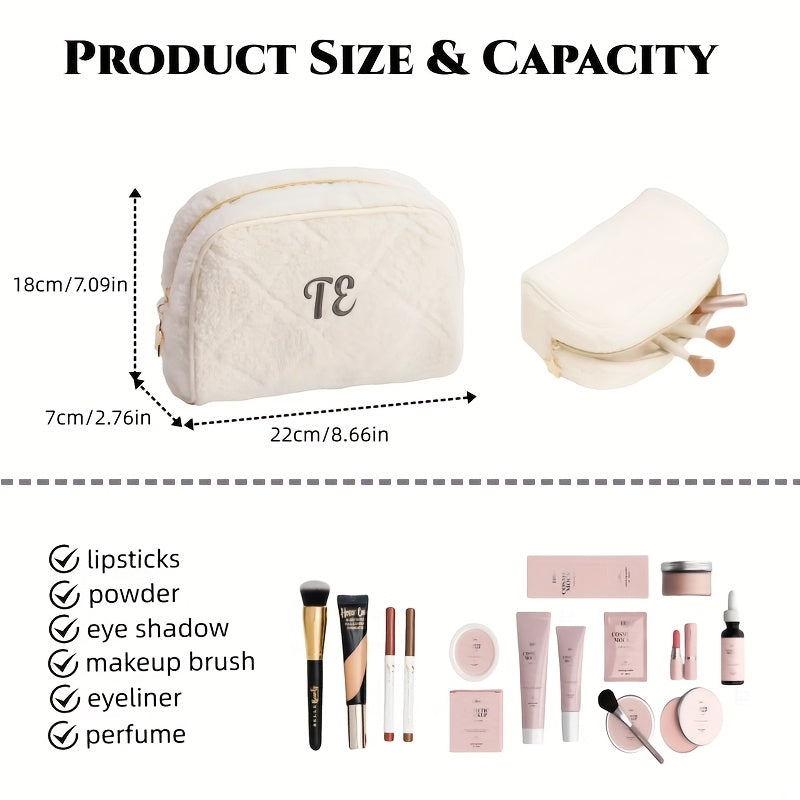 Personalized Embroidered Fuzzy Quilted Cosmetic Bag - Custom Makeup Pouch with Zipper & Shoulder Strap for Women